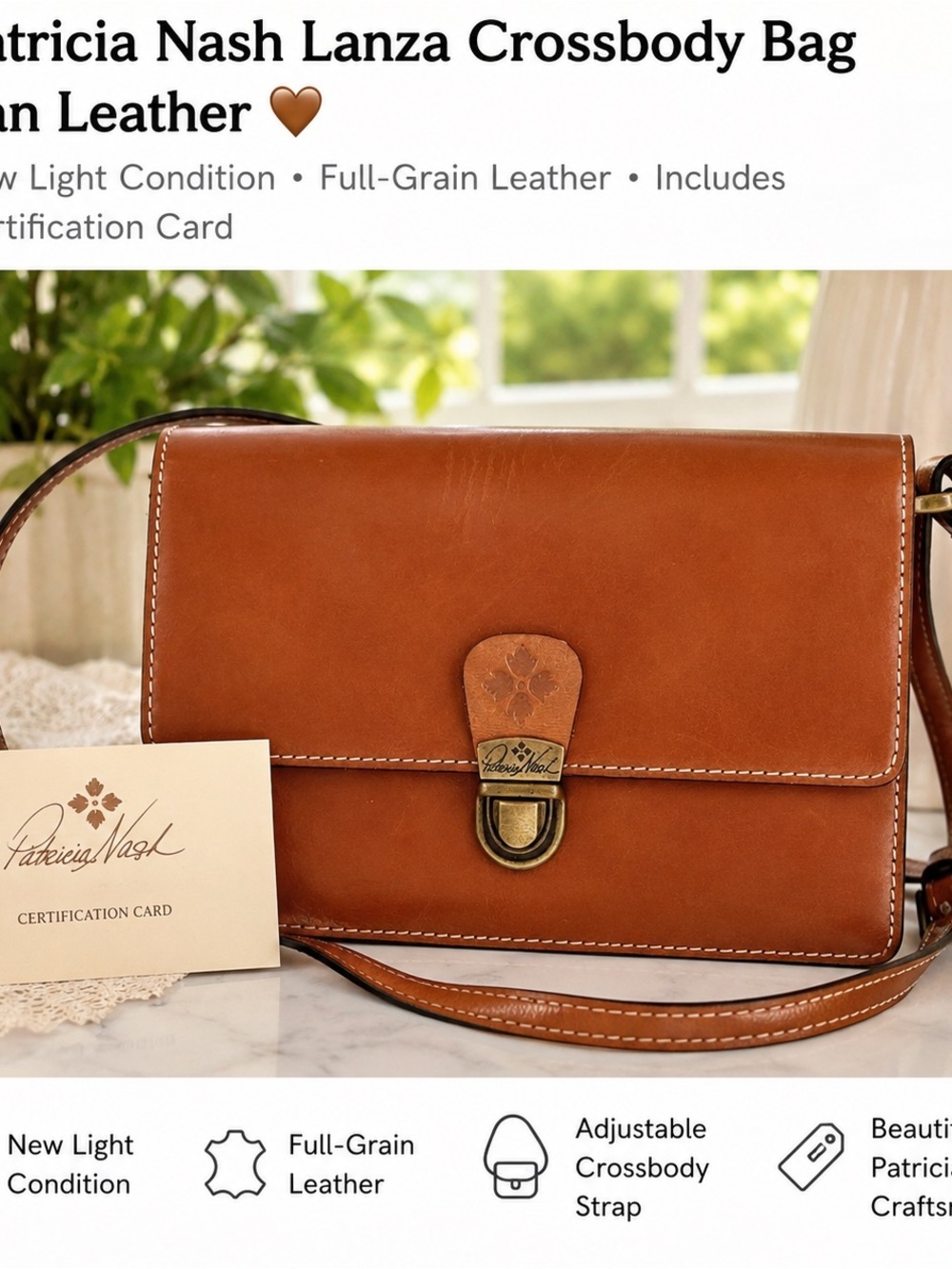 Patricia Nash Lanza Crossbody Bag Tan 100% Leather Organizer Purse Cert Card